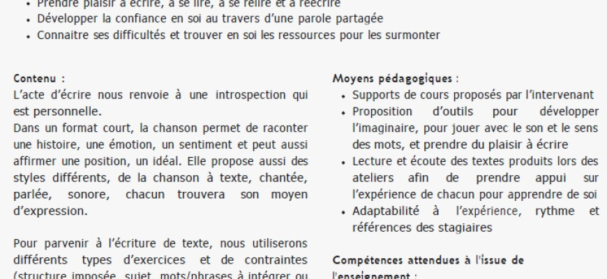 Atelier écriture de chansons.. Atelier/Stage